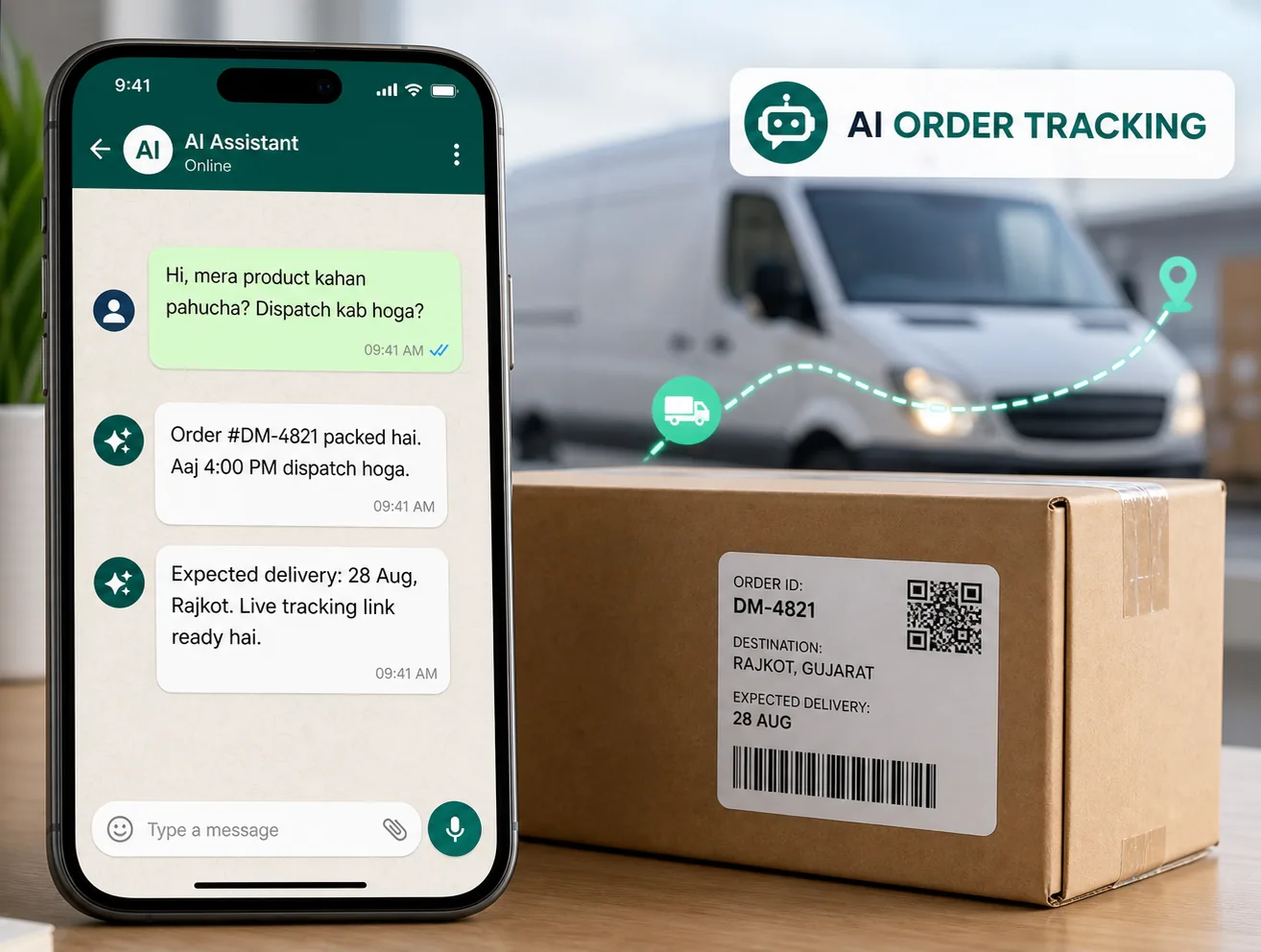 AI answering a customer's WhatsApp product dispatch and delivery tracking questions