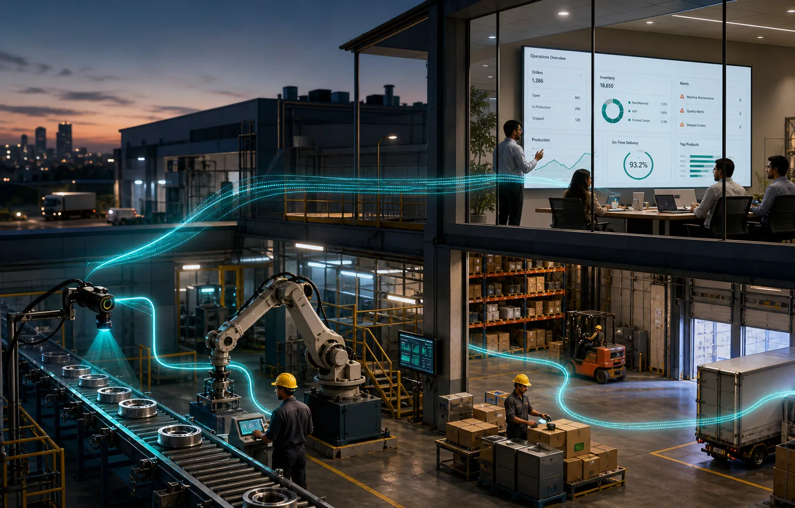 AI camera, robot, warehouse, dispatch and ERP office connected across a smart factory